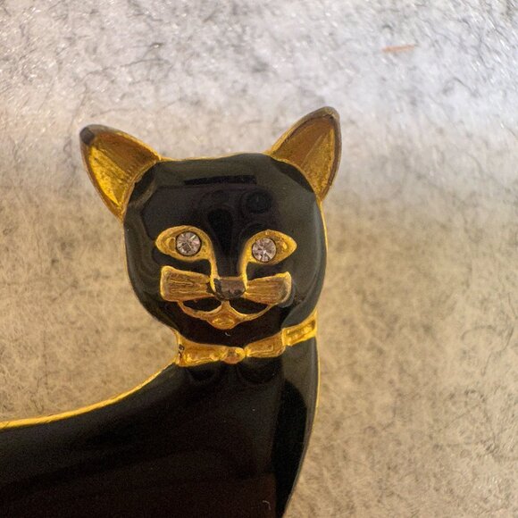 Vintage Enamel Black Cat Brooch With Rhinestone Eyes & Gold-Tone Accents - Picture 2 of 5
